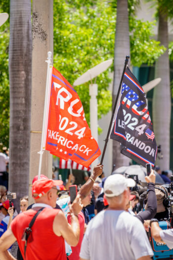 Miami, FL, USA - June 13, 2023: Crowds news people Wilkie D Ferguson Jr US Courthouse Donald Trump arrive Miami indictment hearing