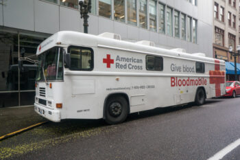 APRIL 16, 2018 PORTLAND OR - The bloodmobile parked on the street during a blooddrive for bloodbanks.